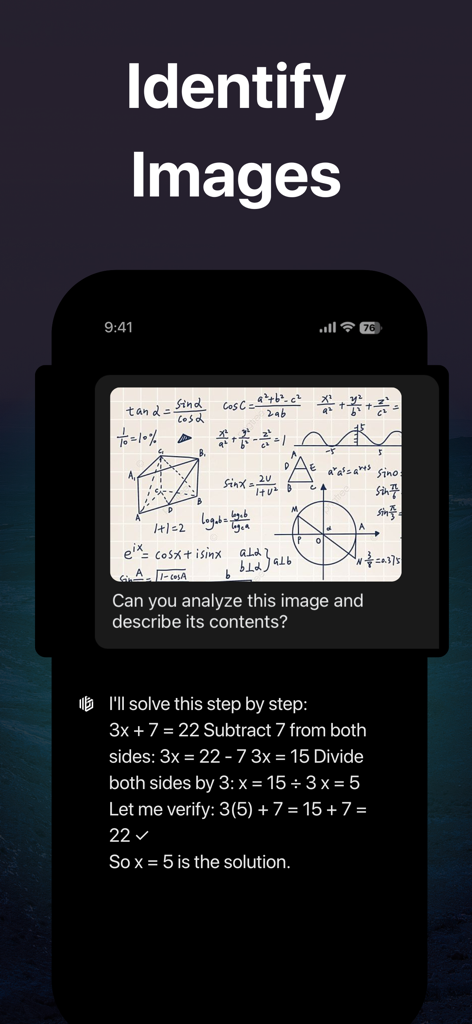Mars AI: Your AI Assistant - L'application Mars AI identifie des images et résout une équation mathématique à partir d'une photo.