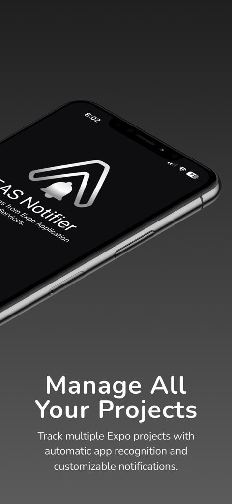 EAS Notifier - EAS Notifier app screen showcasing management and tracking of multiple Expo projects with automatic recognition.