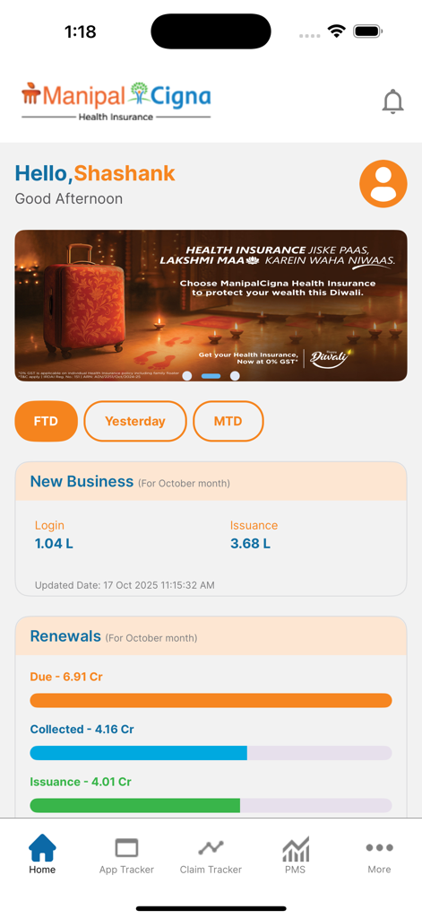 GoHealth Next - La pantalla de inicio de la aplicación GoHealth Next que muestra un panel de rendimiento de ventas con seguimiento de nuevos negocios y renovaciones para agentes de seguros.