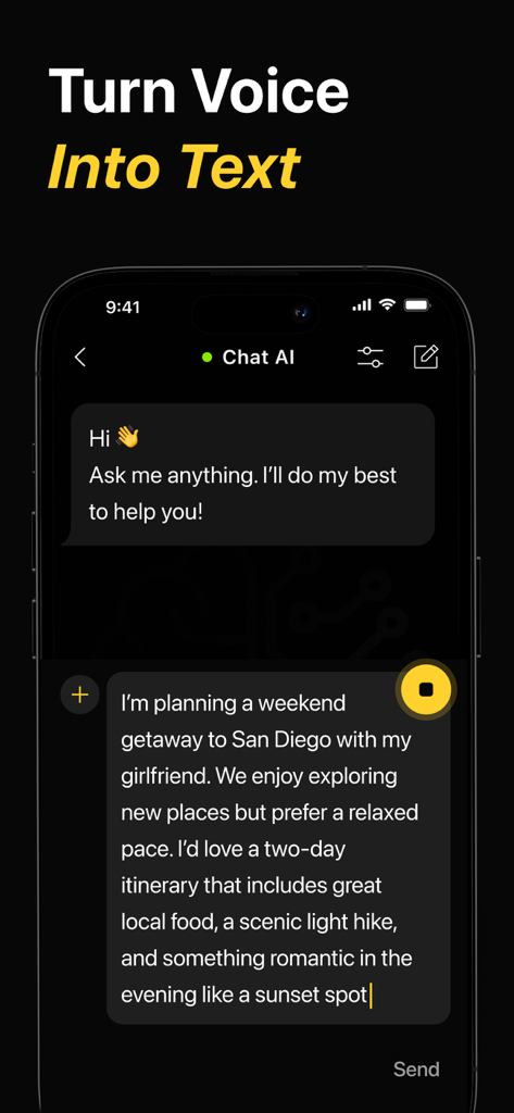 Chat AI Plus - Interfaz de la aplicación móvil Chat AI Plus que muestra la función de conversión de voz a texto para una indicación de planificación de viajes.
