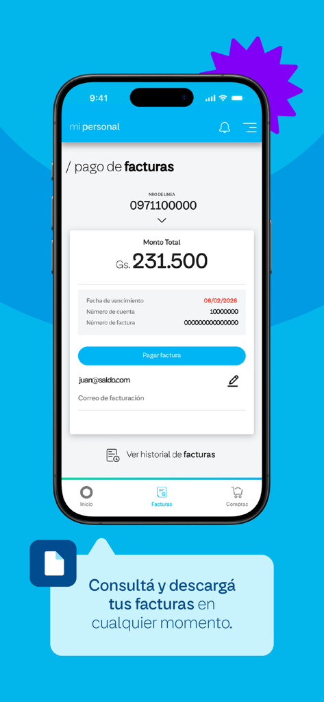 Mi Personal - Paraguay - Mobile screen of the Mi Personal Paraguay app showing bill payment details and invoice management.