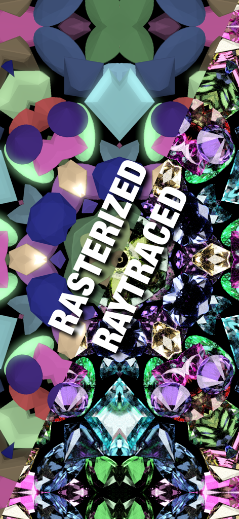 A split screen comparison showing rasterized versus raytraced 3D kaleidoscope patterns