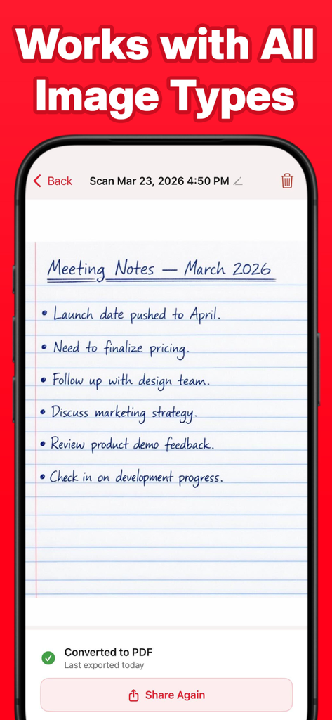 Screenshot der Scnr-App, der eine handschriftliche Notiz zeigt, die in ein PDF mit einer Freigabeoption umgewandelt wurde