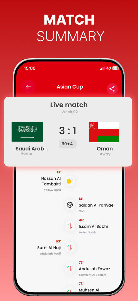 Yacine Live Score TV Player - Ein Spielzusammenfassungsbildschirm mit Live-Fußballergebnissen und einer Zeitachse der Spielereignisse.