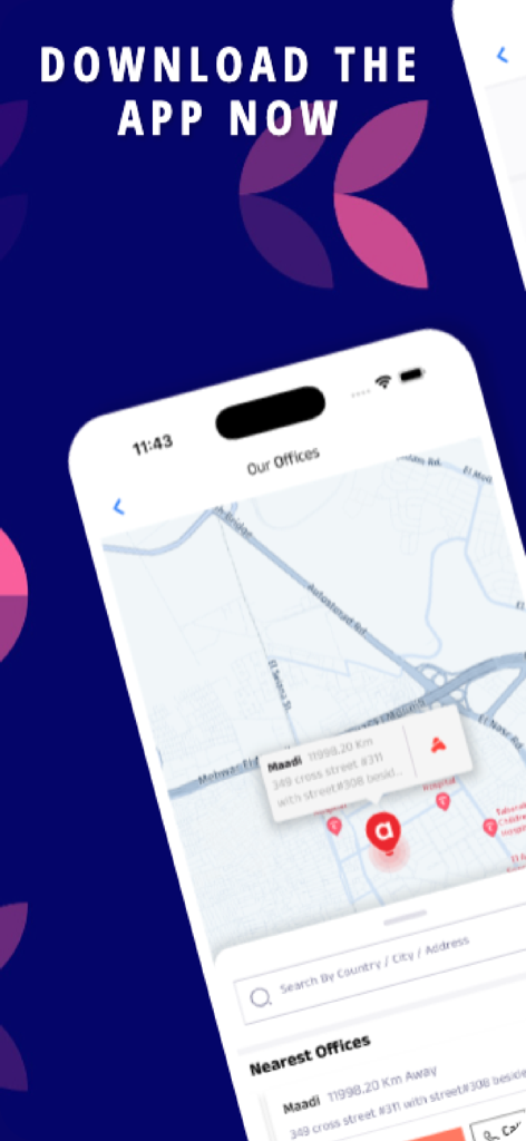 Aramex Global Shopper - 地図と検索バーが表示されたAramex Global Shopperアプリのオフィスロケータースクリーン