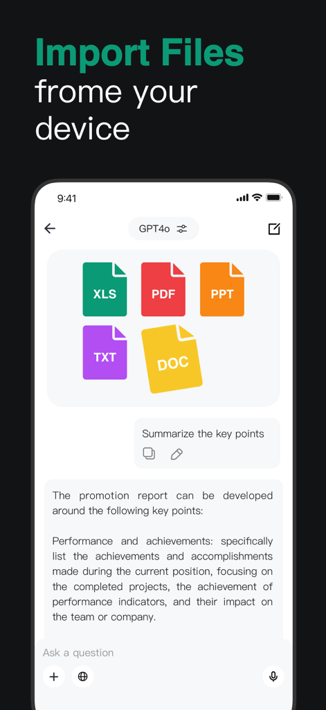 AI Agent - Chat bot Assistant - AI Agent app interface showing the ability to import PDF XLS and DOC files for instant summaries using GPT-4o.