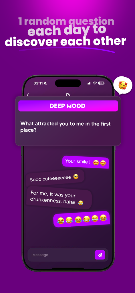 A screenshot of the Bloomy app showing a daily relationship discovery question and chat interface