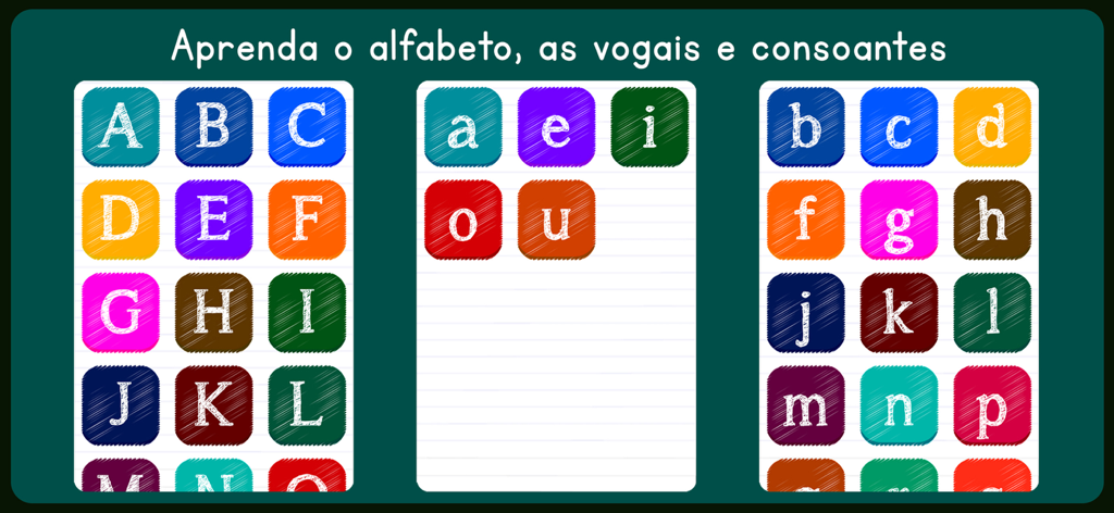 Silabando - Pantalla de la aplicación Silabando que muestra fichas coloridas para aprender el alfabeto, vocales y consonantes en portugués.