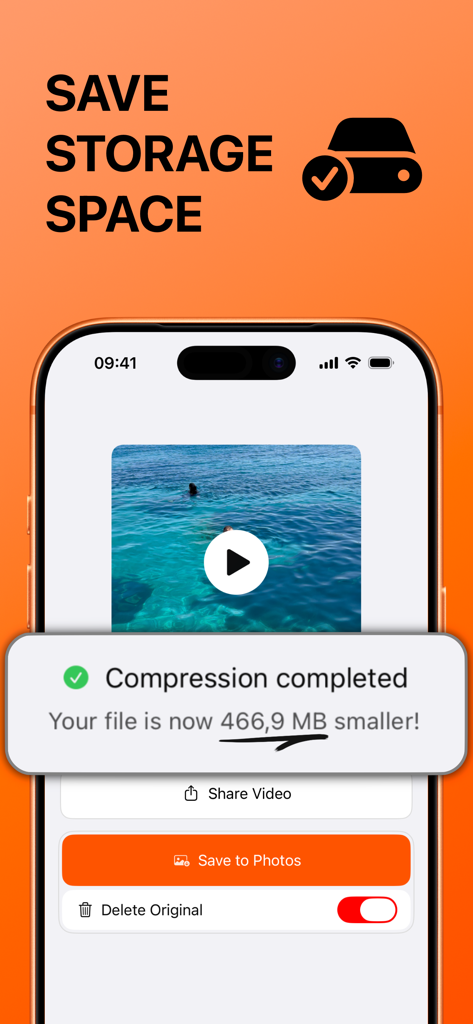Video Compressor - Kompresso - iPhone screen showing a notification that a video compression is complete and saved 466 MB of storage space