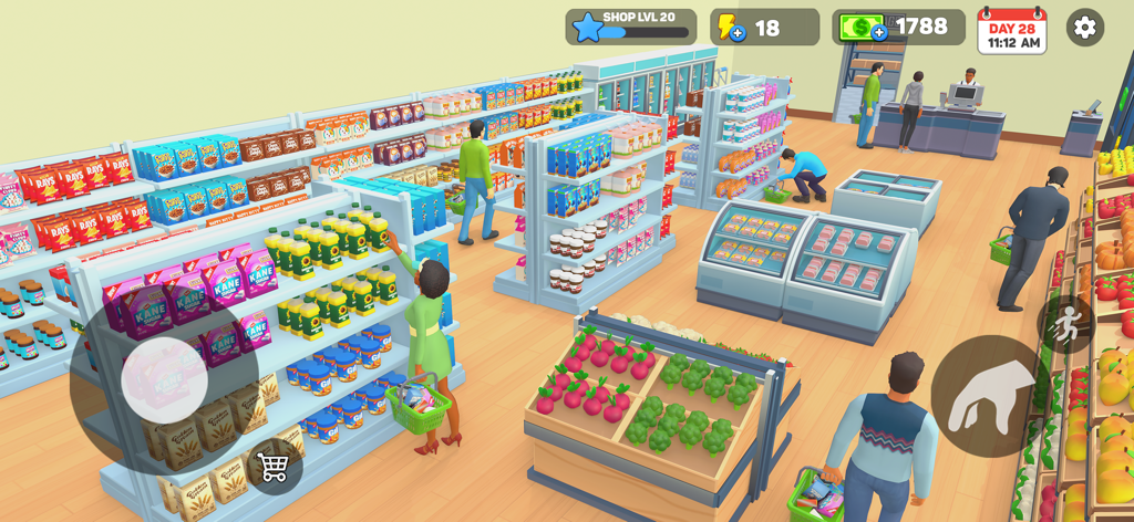 Un interior de supermercado 3D con estantes organizados y clientes en un simulador de gestión minorista