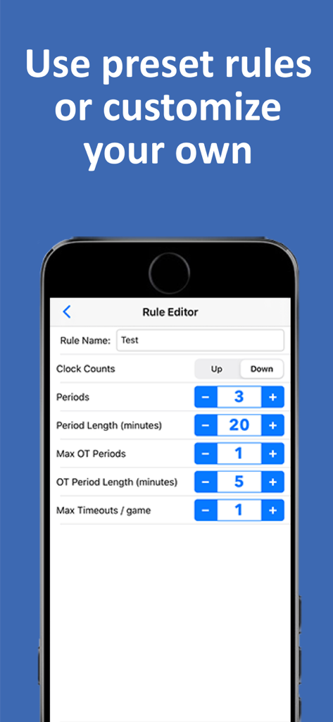 Hockey Scorebook + Stats - Hockey Scorebook app Rule Editor screen showing options to customize periods and game rules
