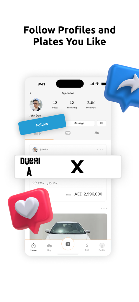 BuyAnyCar - BuyAnyCar app user profile screen showing options to follow users and view luxury car number plate listings
