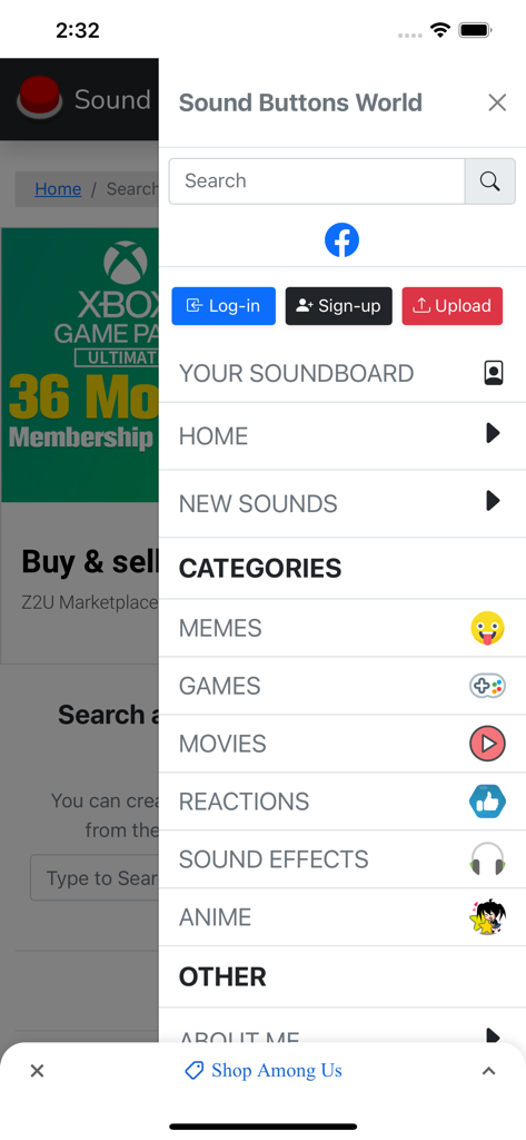 Side menu of Sound Button World app displaying various sound categories including memes games and movies