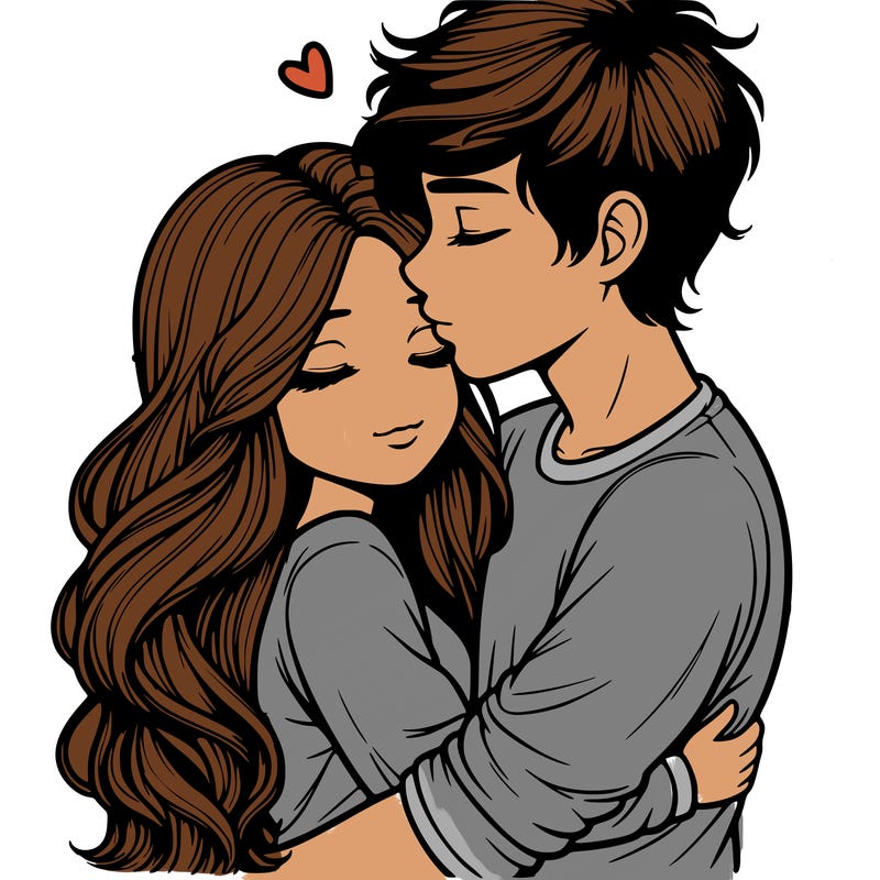 a realistic couple boy and girl hugging and kissing