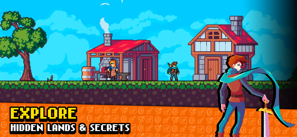 Idle Slayer - Herói em arte pixelada retro em uma vila com texto sobre a exploração de terras escondidas no jogo Idle Slayer