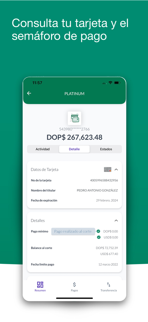 Interfaz de la aplicación móvil Banesco RD mostrando detalles de la tarjeta de crédito e indicadores de estado de pago.