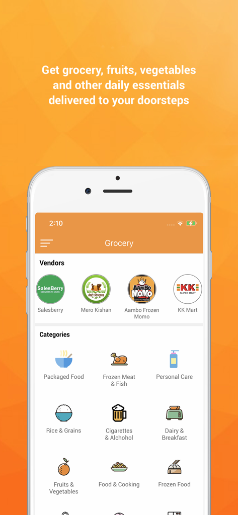 Bhojdeals (Now Bhoj) - Interface of the Bhoj app grocery section showing vendors like Salesberry and categories such as packaged food and frozen meat.