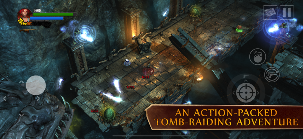 Lara Croft: Guardian of Light - Isometric combat gameplay in Lara Croft Guardian of Light featuring a temple setting and touch controls