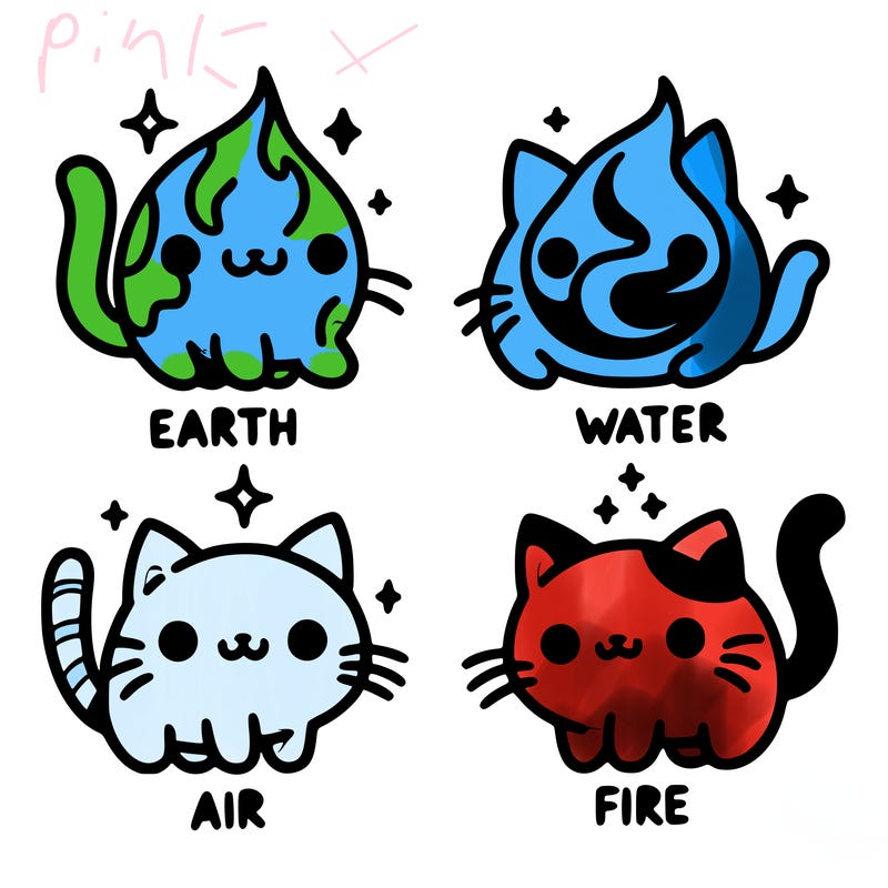 4 cats that represent the different elements, earth, water, air, and fire