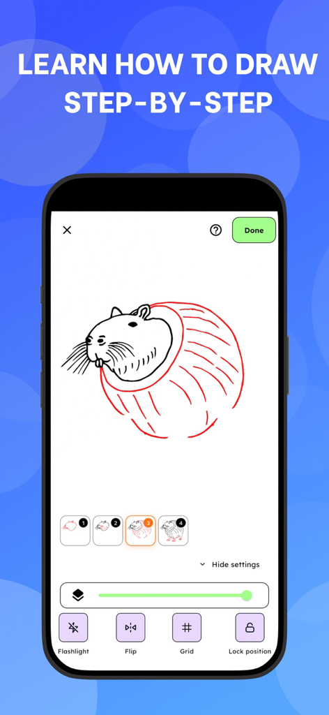 iArt: AR Sketch & Drawing - A smartphone screen displaying a step-by-step drawing tutorial for a character sketch in the iArt app.