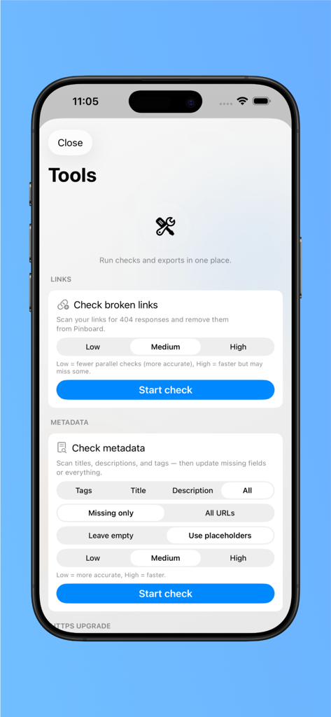 Pinmate for Pinboard - Pinmate app Tools screen for broken link checking and metadata updates