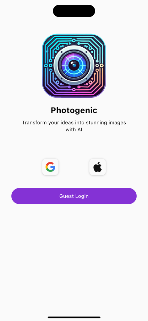 Photogenic - Login screen of the Photogenic AI image generator app featuring options for Google Apple and Guest login.