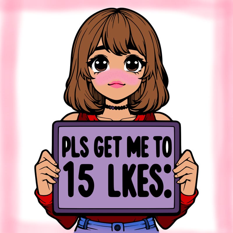 realistic girl holding up a sign that says “pls get me to 15 likes!”