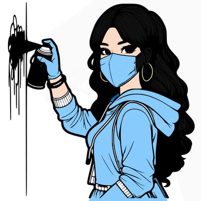 realistic girl with mask spray painting a wall