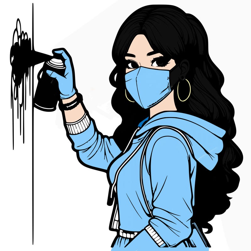 realistic girl with mask spray painting a wall