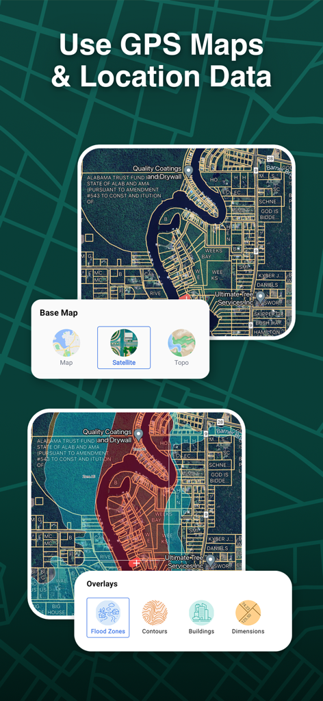 LandGlide: Find Property Lines - LandGlide App-Oberfläche, die Satellitenkarten und Grundstücksgrenzen-Overlays mit Überschwemmungszonen- und Höhenlinien-Datenoptionen anzeigt