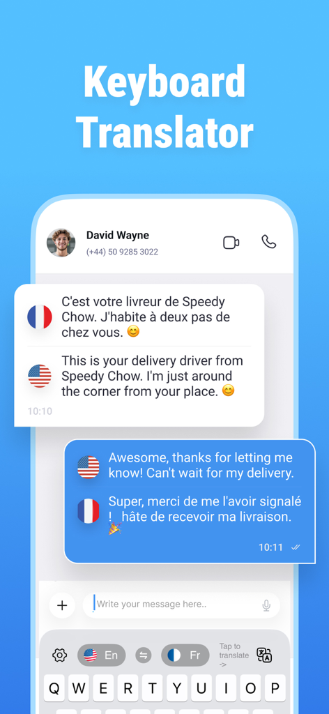 Funzione di traduzione della tastiera dell'app GO Translate che mostra una conversazione di chat tradotta tra inglese e francese.
