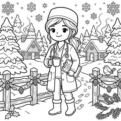 Discover this heartwarming coloring page featuring a dedicated doctor enjoying a cozy winter wonderland scene. This charming printable combines the spirit of care with festive snowy delights, perfect for creative relaxation.