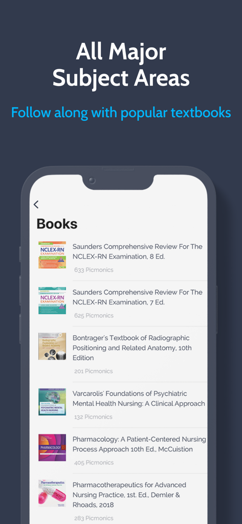 Picmonic Nursing School Study - A list of popular nursing textbooks within the Picmonic app to follow along with courses and NCLEX prep