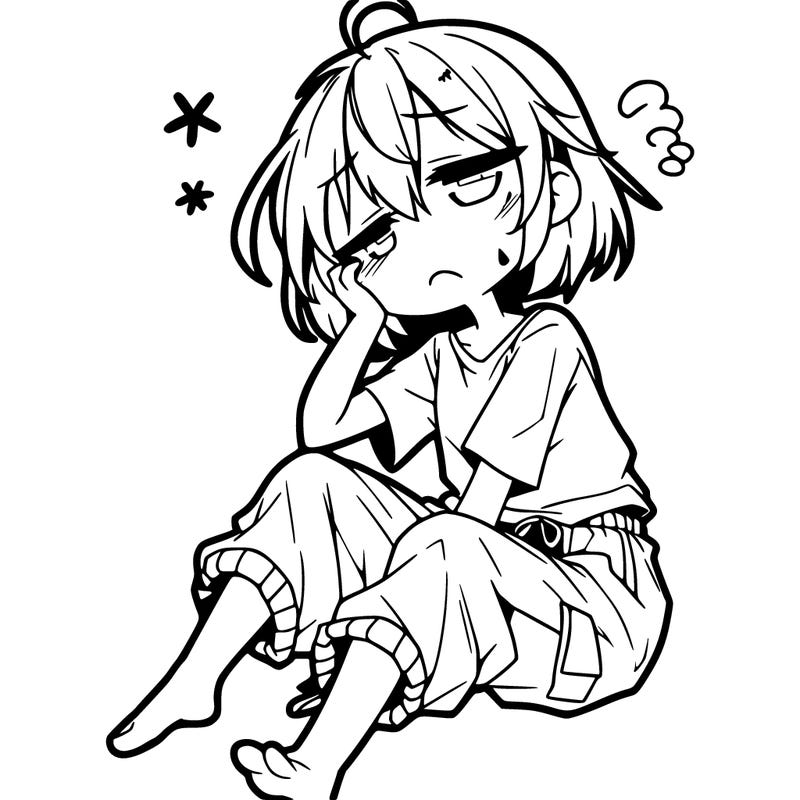 tired anime girl short hair and baggy pants