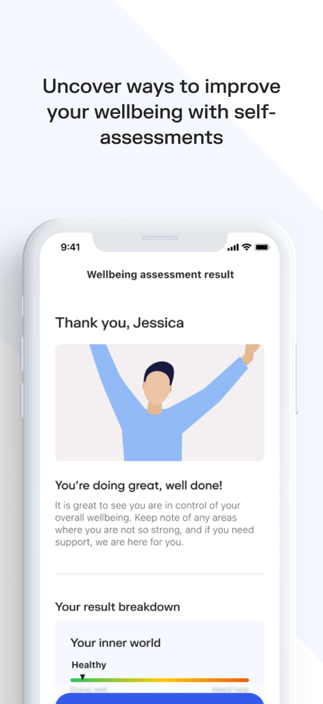 Sonder: Wellbeing & safety - Interfaz de la aplicación Sonder que muestra los resultados de la evaluación de bienestar personal