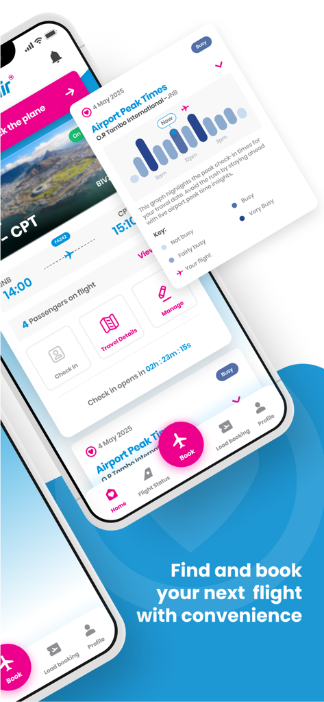 FlySafair - FlySafair mobile app interface showing flight booking details and airport peak times chart