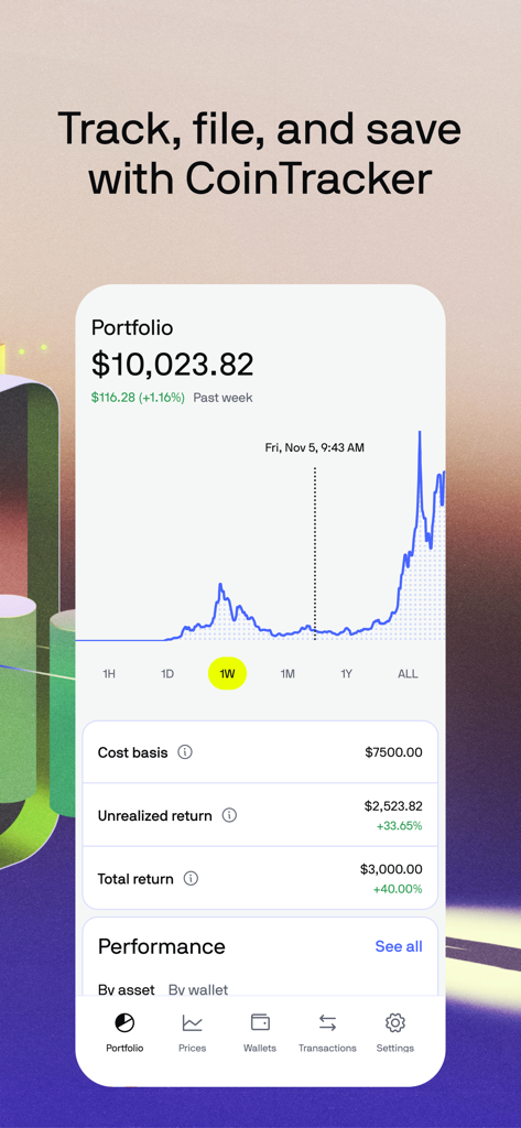 CoinTracker Mobile App Dashboard, das den Wert und die Performance-Daten eines Kryptowährungsportfolios anzeigt