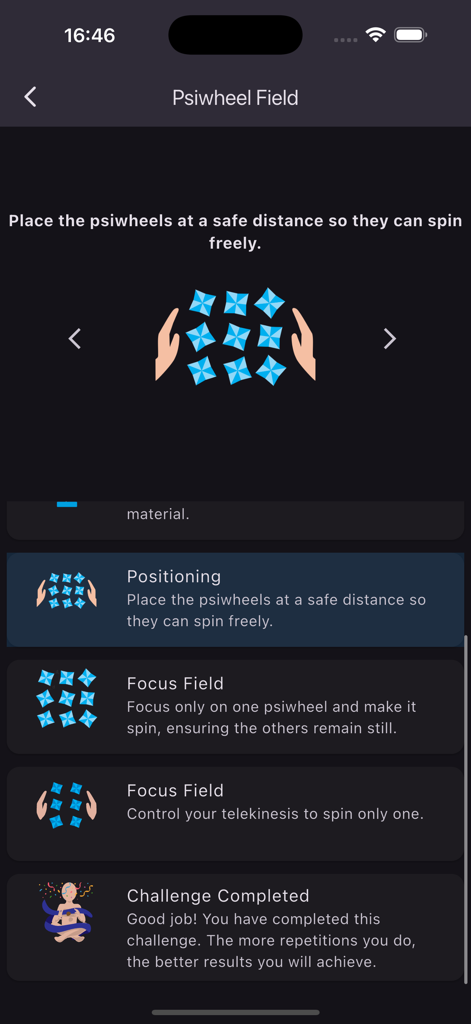 Telekinesis training app interface showing psiwheel field exercises and challenge completion