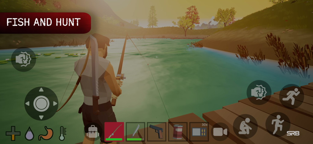 FateZ: Zombie Survival - Un personaje pescando en un entorno de mundo abierto low poly en FateZ Zombie Survival.