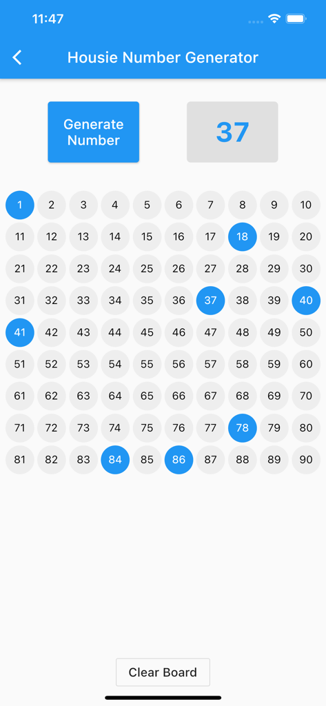 Housie Ticket Generator - Digital Housie number caller interface displaying a grid of 90 numbers with the latest called number 37