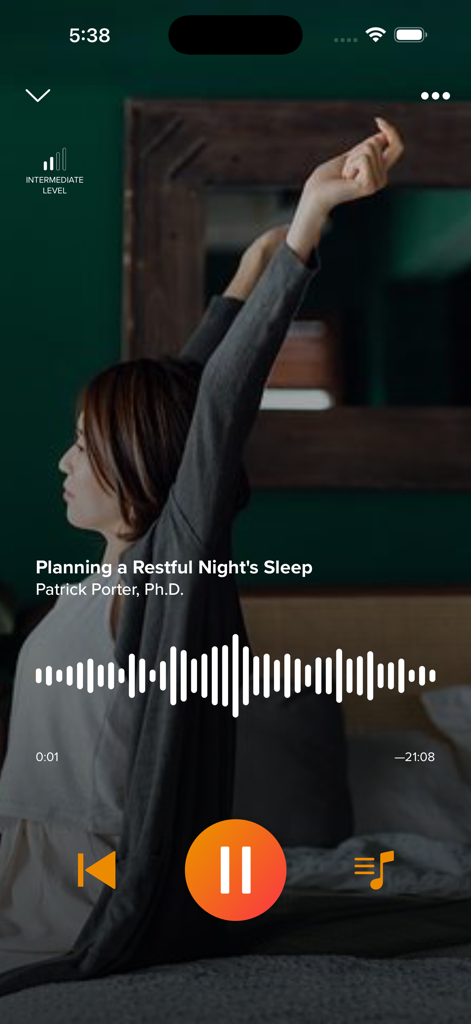 BrainTap app interface playing a sleep meditation session titled Planning a Restful Night's Sleep