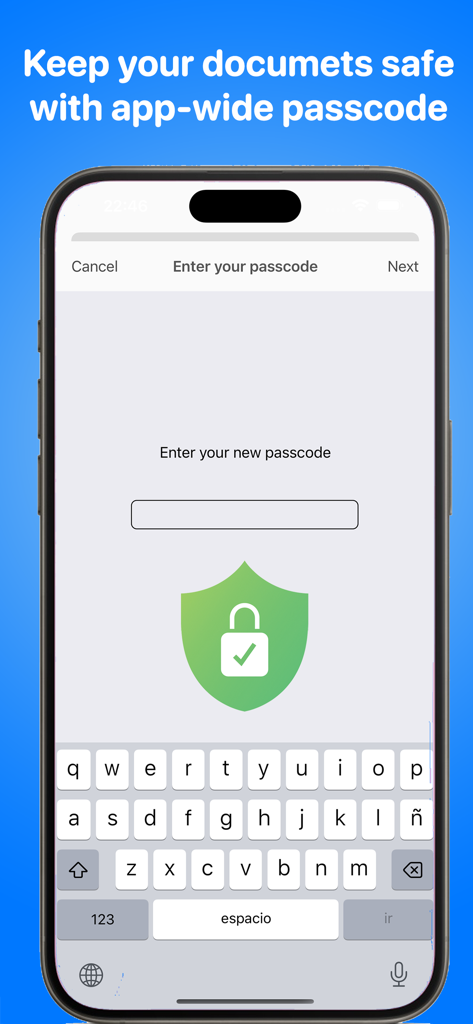 Interfaz de la aplicación TextEdit que muestra la función de seguridad con código de acceso en toda la aplicación para proteger documentos