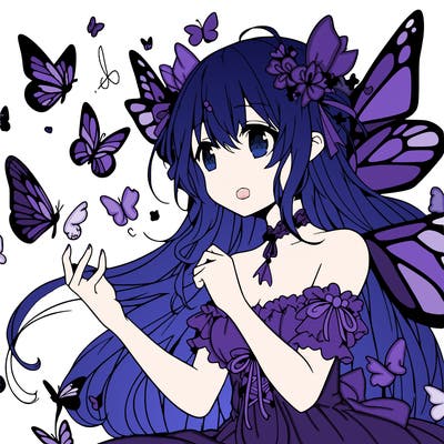 anime girl with butterfly wings surrounded by butterflies