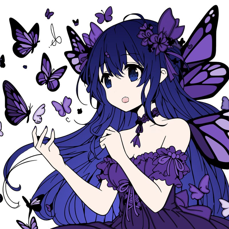 anime girl with butterfly wings surrounded by butterflies