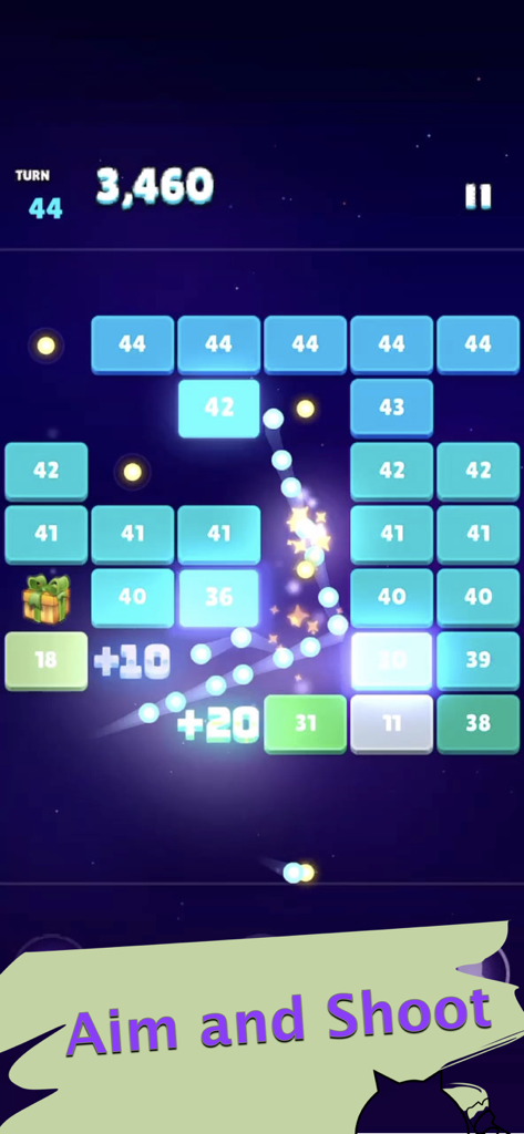 Cartoon Bricks Breaker - Mobile game screen of Cartoon Bricks Breaker with physics balls breaking numbered blocks.