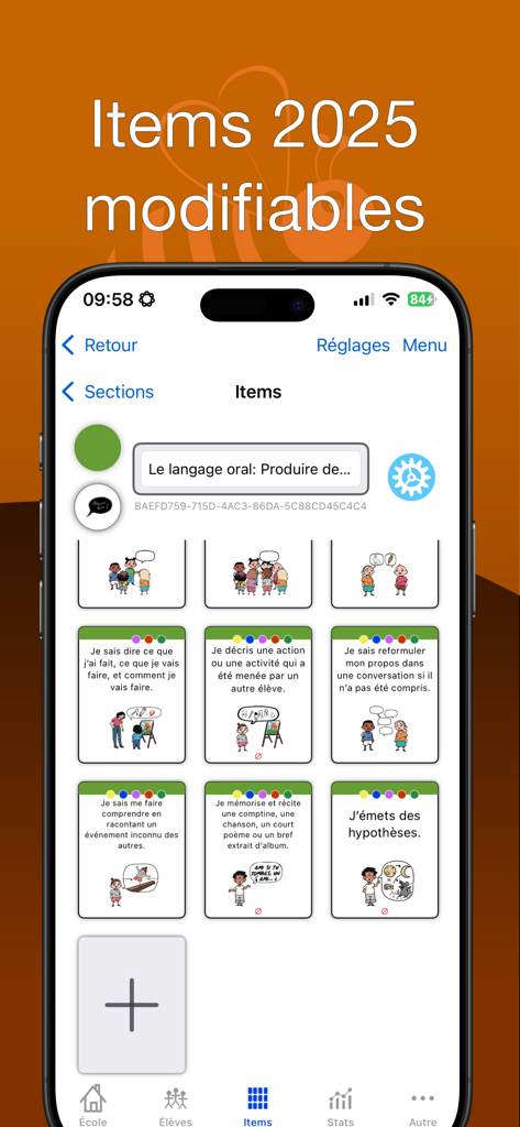 Je valide - Digital classroom evaluation interface showing several competency cards with illustrations for preschool oral language assessment
