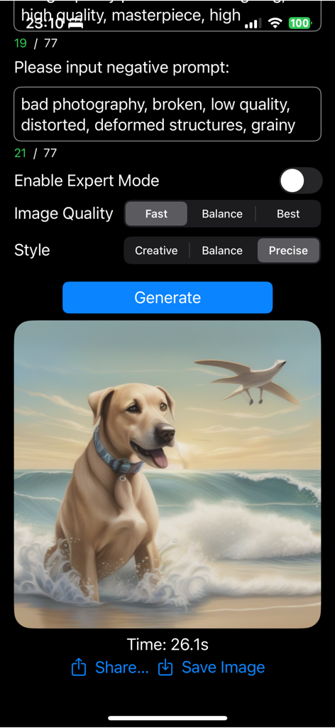 AI Art - Private Diffusion Pro - AI Art Private Diffusion Pro app interface showing prompt settings and a generated image of a dog on a beach
