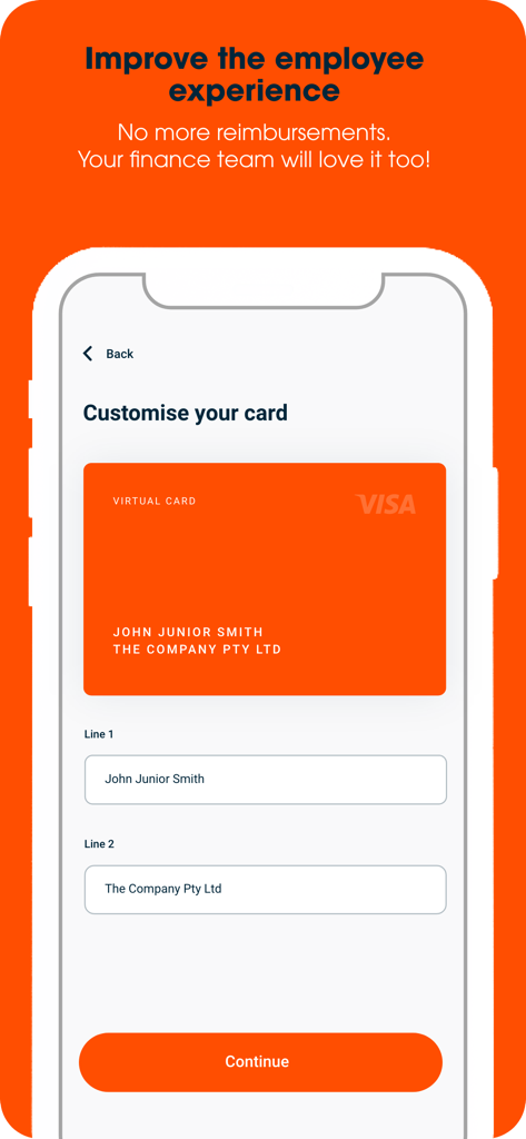 A mobile app screen showing options to customize a virtual business Visa card for an employee