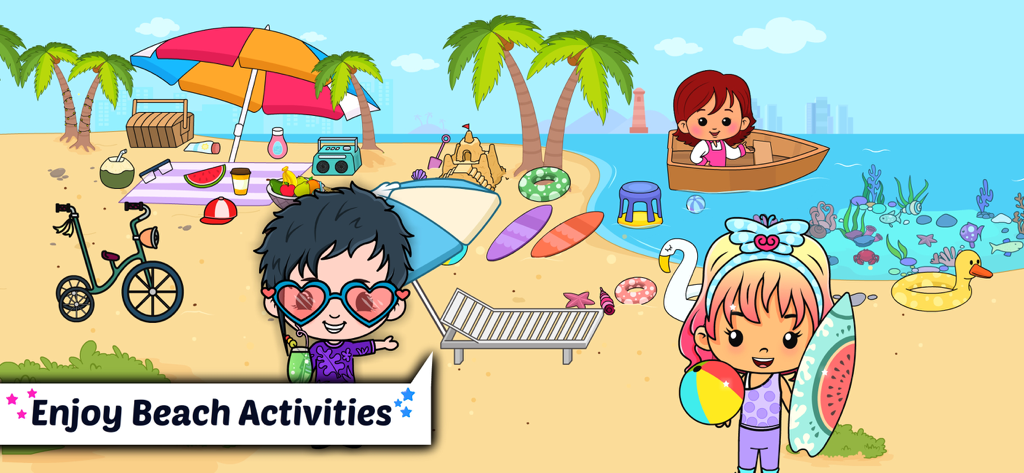 Tizi Home Design My Hotel City - Cartoon-Charaktere genießen Strandaktivitäten mit Sandburgen und Surfbrettern in einem Kinderspiel