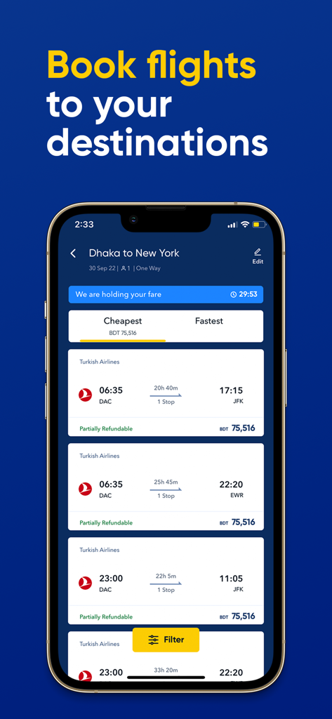 GoZayaan - GoZayaan mobile app flight search results for a trip from Dhaka to New York showing various airline options and prices